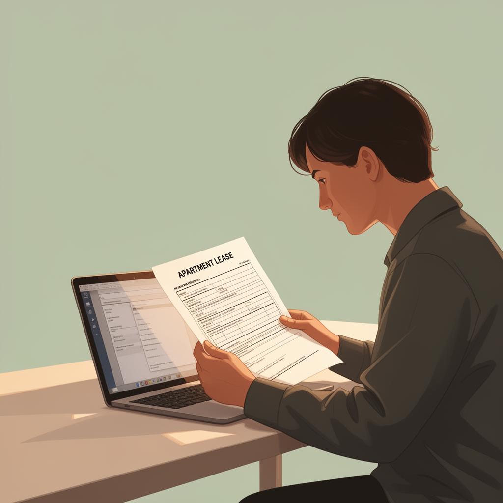 Renter reviewing an apartment lease agreement at a desk