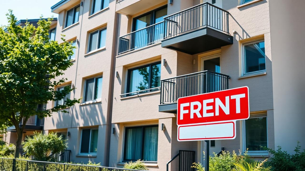 Apartment building with for rent sign on the front lawn