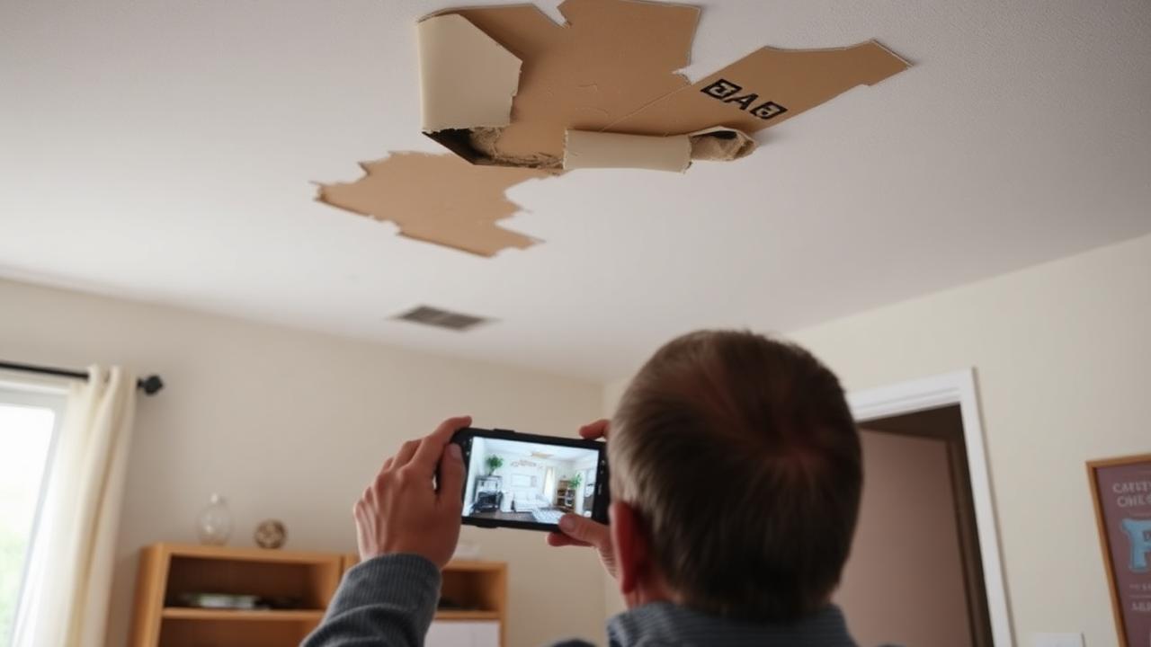 Tenant photographing damaged ceiling in apartment for repair documentation