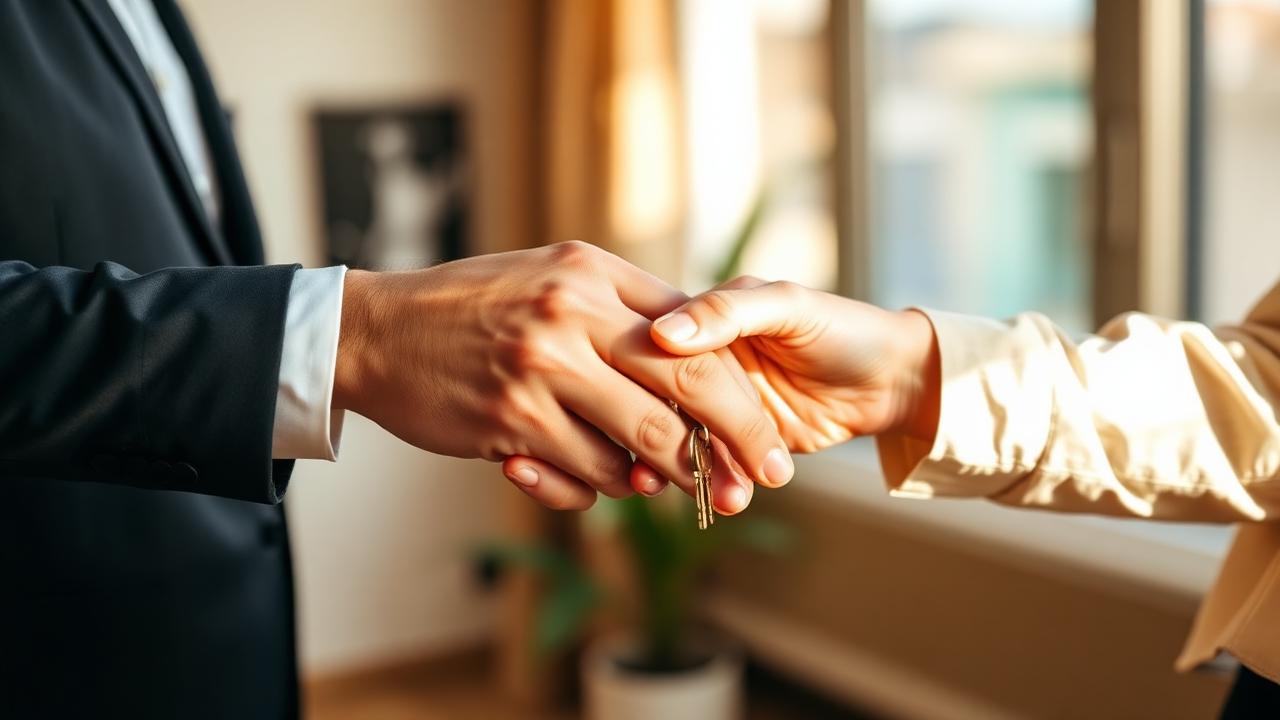 Two people exchanging apartment keys representing lease handover