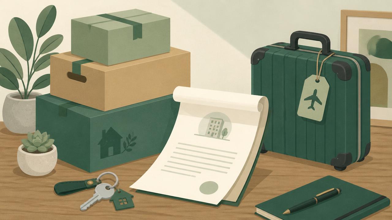 Moving boxes, a lease document, house keys and a suitcase with an airplane tag on a desk