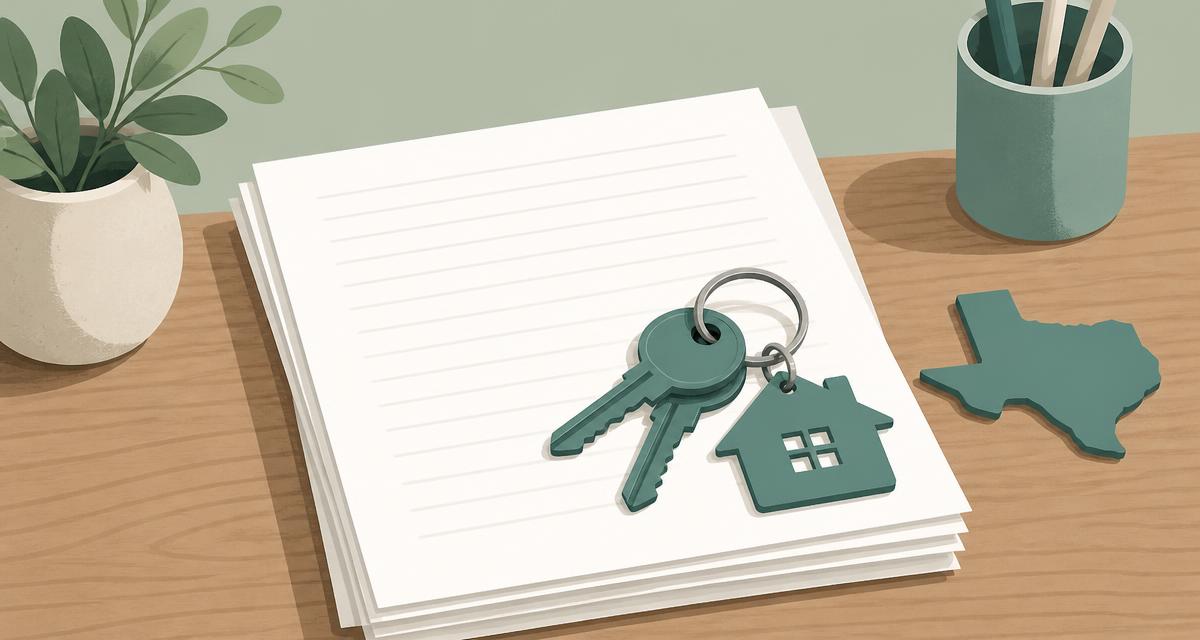 Blank lease paperwork on a desk with house keys and a small Texas state shape